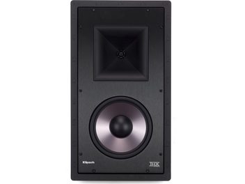 Juoda įmontuojama Klipsch THX-8000-L garso kolonėlė, priekinis vaizdas, apvalūs aukštų ir žemų dažnių garsiakalbiai, kvadratinė apsauginė grotelės su logotipu centre