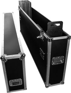 Flightcase for skjerm Power Acoustics Flight Ecran 75/85 i svart med sølvfargede kanter, åpen med separat lokk