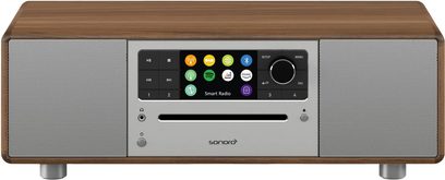Sonoro Prestige bordradio i valnøtt og sølvfarget metall, front med skjerm, knapper, høyttalere