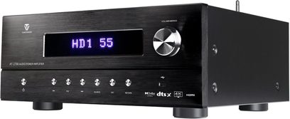 Hjemmebio-forstærker Tonewinner AT-2700 sort, front i børstet aluminium med blå HD1 55-skærm, stor volumenkontakt og Dolby dtsX-logoer