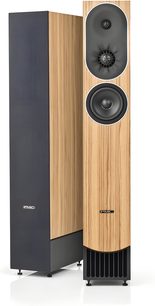 Standlautsprecher PMC Prophecy7 in hellem Holzfinish, doppelte schwarze Lautsprecher, eine Säule mit dunkelgrauer Stoffabdeckung