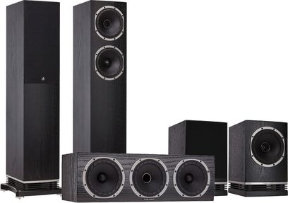 Fyne Audio F501 højttalerpakke i sort træ, 2 gulvhøjttalere, 1 centerhøjttaler, 2 reolhøjttalere