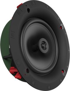 Klipsch CS-18-C Sky Hook schwarze Decken-Einbaulautsprecher, Frontansicht mit roten seitlichen Befestigungen