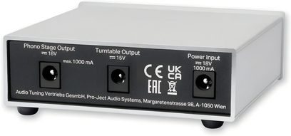 Pro-Ject Power Box S3 PHONO external power supply, silver, rear view with three power sockets and black markings