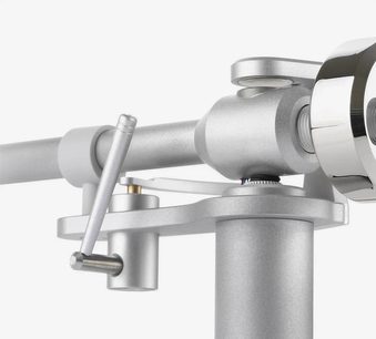 ClearAudio Verify brushed aluminum vinyl tonearm, close-up profile view, with counterweight and mounted cartridge