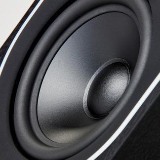 Close-up of a black hi-fi speaker, circular cone and rounded surround in an enclosure with a white border