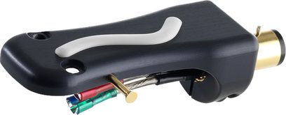 Ortofon LH-10000 plokštelės laikiklis, juodas korpusas, auksinis jungiklis, raudoni, žali, mėlyni, balti laidai, perspektyvinis vaizdas