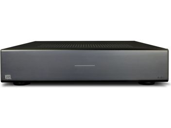 VSSL A.6X hi-fi stereoanlegg, frontvisning, rektangulær matt svart kabinett med minimalistisk frontpanel, "VSSL"-logoen i hvitt øverst til venstre
