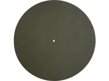 Grained khaki turntable cover Bringhs circular, top view, textured surface, central hole, embossed Bringhs inscription