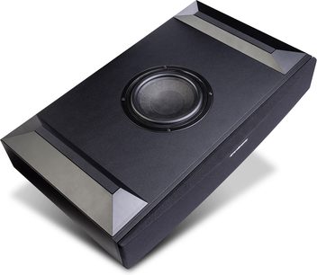Cambridge Audio TV2 (V2) sort soundbar, set oppefra, med cirkulær midterhøjttaler og sidegittere