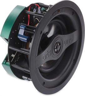 Таванен вграждаем високоговорител ArtSound SMART IN SET, перспективен изглед, черен конус, видими вътрешни компоненти, червено каблиране