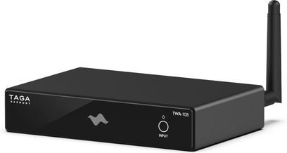 Taga Harmony TWA-10B sort netværksaudioafspiller, set forfra, kompakt rektangulært design, minimalistisk front med logo og jackindgang