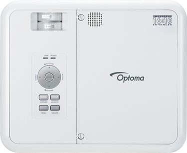 Optoma EW674 hvid videoprojektor, set ovenfra, med kontrolknapper, lysdioder og logo på den øverste låg