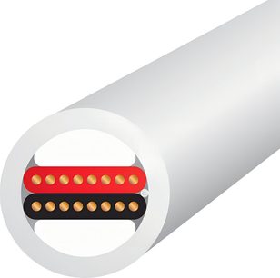 Cable de altavoz o bocina Stream 10 (2x3m), sección transversal circular, funda blanca, conductores paralelos rojo y negro, hilos dorados
