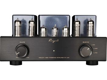 Cayin MT-12N EL84 siyah tüp entegre stereo amplifikatör, ön görünümde fırçalanmış alüminyum ön panel, simetrik iki büyük dairesel düğme, merkezde ışık göstergesi ve üç metal kapak önünde vakum lambaları sırası