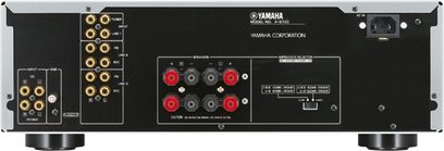 Yamaha A-S700 sort hi-fi stereforstærker, set forfra, med tilslutninger på bagsiden og kontrolknapper på forsiden