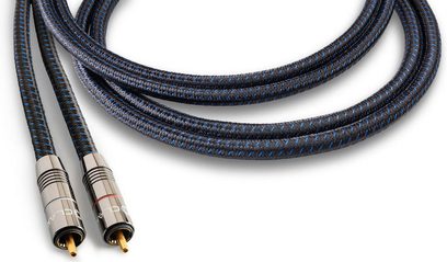 Cablu audio analogic RCA Clarus cabluri Aqua RCA cu înveliș împletit negru și albastru, conectori metalici argintii și capete aurite