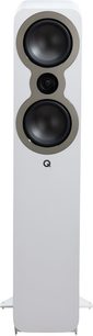 Q Acoustics 3050c white floorstanding speaker, white painted wooden cabinet, two black woofers and a centrally aligned tweeter arranged vertically in a grey frame, front view