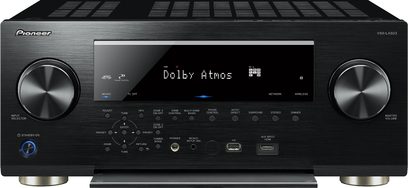 Pioneer VSX-LX503 sort hjemmebiografsforstærker, frontpanel, frontvisning, "Dolby Atmos"-display på skærmen, mange knapper og stik