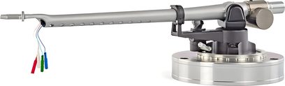 Michell Engineering Tecno Arm MKII sidabrinio metalo tonearmis su atsvaromis ir matomais laidais