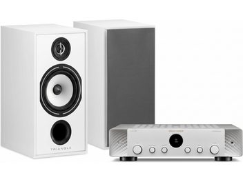 Pair of white Triangle bookshelf speakers, black grille and silver Marantz integrated amplifier