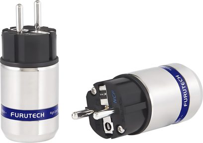 Furutech FI-E48 NCF (R) hanstik og hunstik IEC-stik, i forsølvet metal og sort, set forfra og fra siden