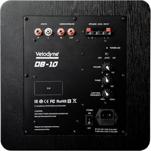 Bagpanel på en Velodyne DB-10 baskabinetshøjttaler med RCA-lydstik og justeringer af lydstyrke, fase og afskæringsfrekvensstyring