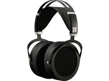 Hifiman Sundara nyitott hifi fejhallgató fekete színben, elölnézetből kissé oldalról. Fém és bőr fejpánt, ovális kagylók