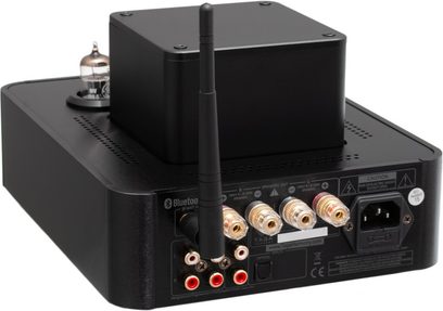 Taga Harmony HTA-700B v.3 sort, integreret stereo rørforstærker, sort lakeret finish, bagsidevisning, synlig elektronrør, lodret antenne, røde og hvide RCA-stik, guldbelagte højttalerterminaler, netstik, rektangulær central blok