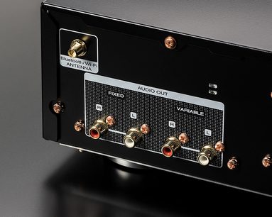 Lecteur audio réseau Marantz NA6006 argent doré, vue de face rapprochée, connectique Bluetooth/Wi-Fi et audio, boutons