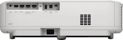 Videoprojetor Epson EH-LS670 branco, vista traseira com conectividade HDMI, USB e saída ótica