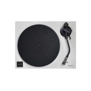 Technics SL-40CBT sidabrinė vinilo plokštelė, metalinis korpusas, viršutinis vaizdas, juodas diskas, S formos rankena, mygtukai On/Start-Stop ir 33/45