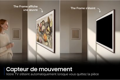 Samsung The Frame TQ43LS03HE vægmonteret tv, hvid ramme med malerieffekt, kunstskærm og derefter sort i en stue
