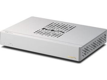 Διακόπτης‑διανομέας Matrix Audio SS‑1 Pro από ανοιχτό γκρι αλουμίνιο, τρισδιάστατη μπροστινή δεξιά όψη, επάνω κάλυμμα με μεγάλη γρίλια από κυκλικές διατρήσεις σε μοτίβο M, λεία πρόσοψη με LED και χρυσό λογότυπο, δεξιά πλευρά επίσης διάτρητη