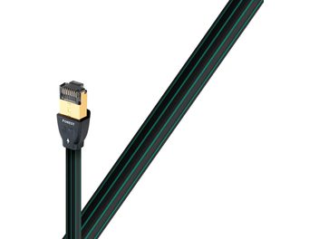 Cabo de rede Ethernet RJ45 Audioquest Forest 8m, conector RJ45 dourado, revestimento verde com listras pretas, vista lateral
