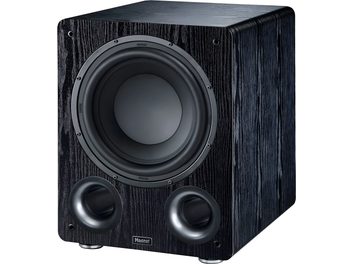 Alpha RS 12 subwoofer svart, vinklad vy, framsida med central cirkulär högtalare och 2 runda basreflexportar längst ner
