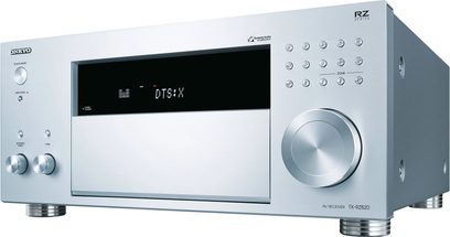 Onkyo TX-RZ820 sølvfarvet hjemmebiograf-forstærker, frontvisning, digitalt display, kontrolknapper og -hjul, sølvfarvet front