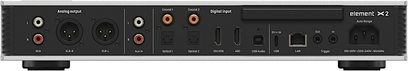 Matrix Audio Element X2 nätverksspelare i silverfärgad aluminium, svart bakpanel med balanserade XLR-utgångar, RCA-kontakter och flera digitala portar, bakre vy