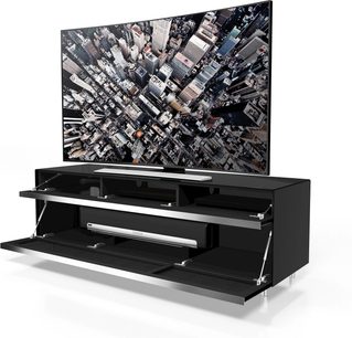 Sort Spectral Scala SC1656 TV-møbel med 2 skuffer, fladskærmsophæng og baggrundsbillede af en bys skyline