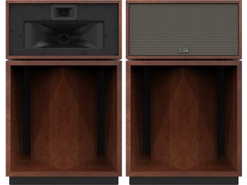 Diffusori a colonna Klipsch LaScala AL6 Auburn frontale in finitura legno auburn con tweeter, medio e griglia nera