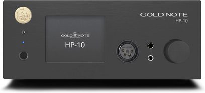 Højkvalitets hovedtelefonforforstærker HP-10 Deluxe sort, frontvisning, rektangulært kabinet, drejeknap, stikforbindelser, centralt display