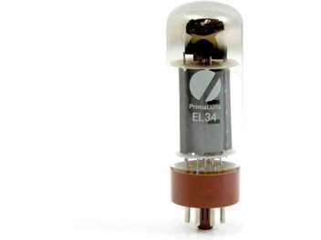 Lampa elektroniczna PrimaLuna EL34 Silver Label, z przezroczystej szklanej obudowy, z widocznymi wewnętrznymi elektrodami i srebrzystą metalową podstawą
