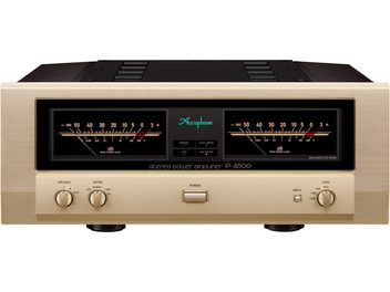 Integroitu stereo hi-fi -vahvistin P-4600, etunäkymä, kultainen viimeistely, 2 suurta VU-mittaria, 3 pyöreää painiketta, 1 keskikytkin