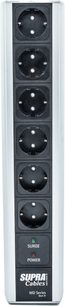 Multipresa Supra MainBlock MD06-EU/SP MK3 com 6 tomadas pretas alinhadas verticalmente, interruptor, indicadores luminosos verde e vermelho