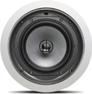 Focal IC908 indbygget højttaler, set forfra, rund sort højttaler med centralt placeret sølvfarvet diskant i hvid ramme