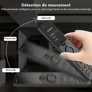 Mando a distancia hifi Sofabaton X1 negro con pantalla y rueda circular, sostenido en la mano, ilustración de detección de movimiento