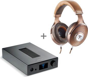 Otevřená hifi sluchátka Focal Stellia v hnědé a černé barvě s DAC zesilovačem Focal Arche v tmavě šedé, pohled zepředu