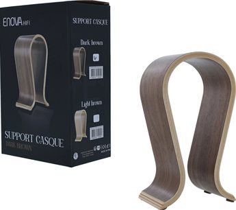 Dunkler Holz-Kopfhörerständer von Enova HIFI, schwarze Box mit weißem Text, Vorder- und Seitenansicht
