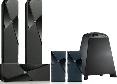 Pack de altavoces de columna JBL Studio 190 negros, vista frontal y trasera, con subwoofer a juego