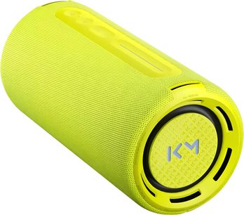 Přenosný Bluetooth reproduktor Loewe We. HEAR pro v zářivě žluté barvě, válcový tvar s textilní mřížkou a ovládacími prvky na horní straně